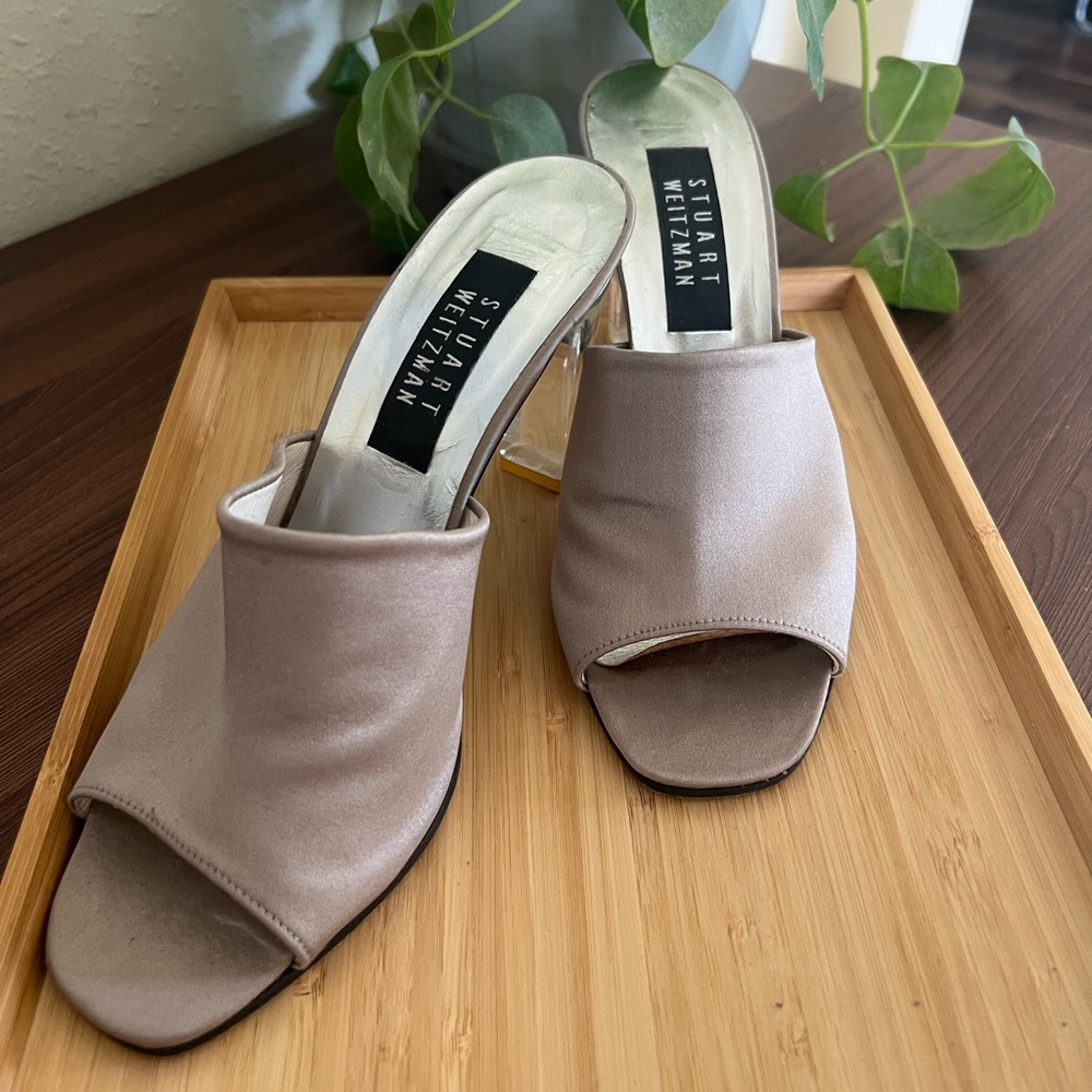 Vintage STUART WEITZMAN Satin Clear Heels, Size 7.5